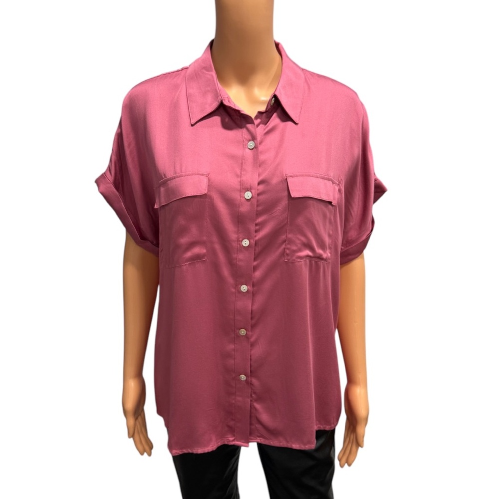 PHILOSOPHY Short Sleeve Button Down Satin Effect Blouse In Rose Pink NWT Large